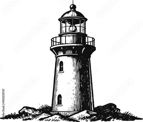 Classic lighthouse illustration on rocky shore with detailed vintage design and coastal navigation tower
