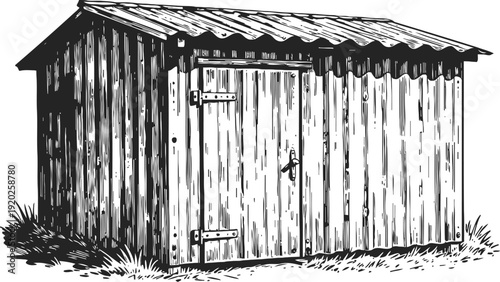 Rustic wooden garden shed with a metal roof, vintage hand drawn illustration of outdoor storage building