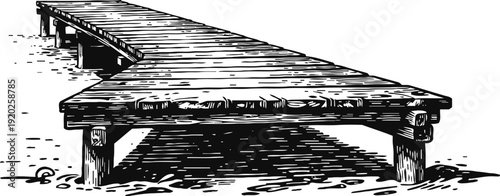 Wooden pier extending over calm water shore, hand drawn vintage sketch of dock structure