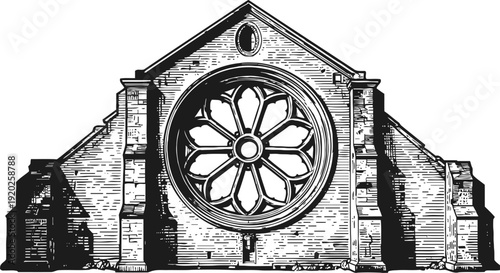 vintage gothic church facade with large circular rose window and detailed brickwork