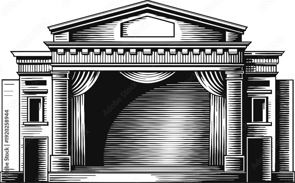 Fototapeta premium classic theater stage with curtains and detailed architectural columns and pediment design