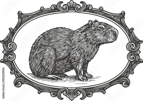 Detailed vintage engraving of a capybara in an ornate oval frame, wildlife illustration, animal sketch art