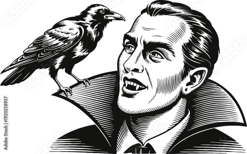 Vintage vampire character with bat on shoulder classic gothic horror monster illustration in black and white
