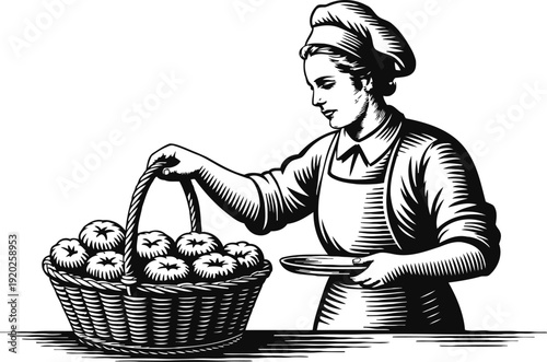 Woman selecting fresh apples from a large wicker basket in vintage engraving