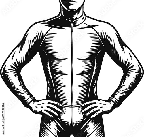 man in tight athletic clothing standing with hands on hips, strong confident posture
