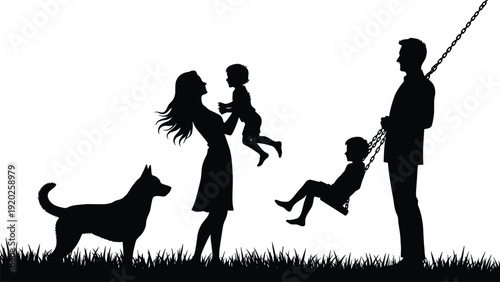 Black silhouette of family with dog and swing white background