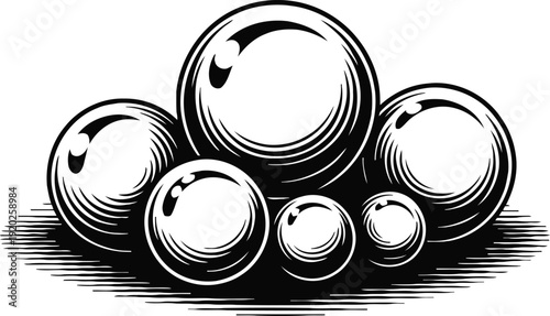 Glossy black spheres arranged in a cluster with highlights and shadows on a flat surface