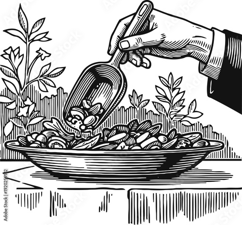 Hand scooping mixed beans from a bowl with spoon, vintage garden background