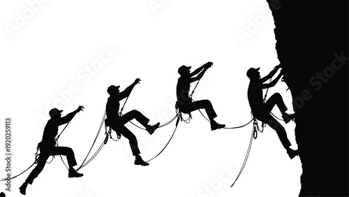 Silhouetted rock climbers ascending a cliff face with ropes rock climbing silhouettes
