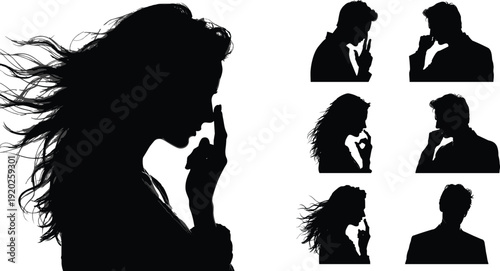 Black silhouettes of people thinking with hands on chin or finger to lips hand on chin