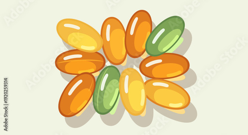 Assorted pills arranged in a circular pattern on a neutral background from a top-down viewpoint