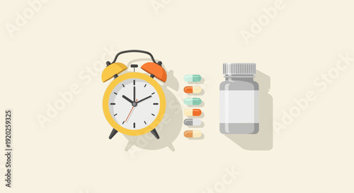 An alarm clock and medication on a neutral background viewed from directly above