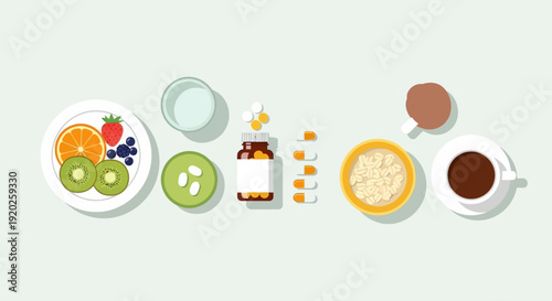 Assorted healthy breakfast foods and beverages arranged on a clean white background, including fruits, supplements, and a warm beverage