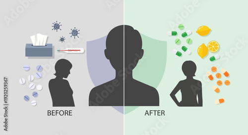 A person transforms from being sick to healthy, surrounded by medicine and germs, in a before and after visual representation
