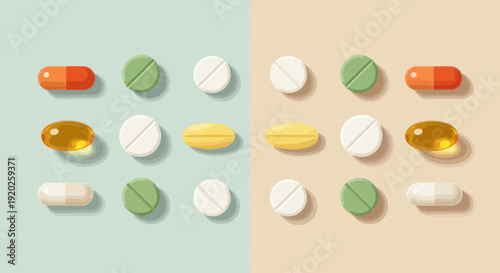 Various pills and capsules arranged in a grid pattern on a dual-toned background from a top-down viewpoint