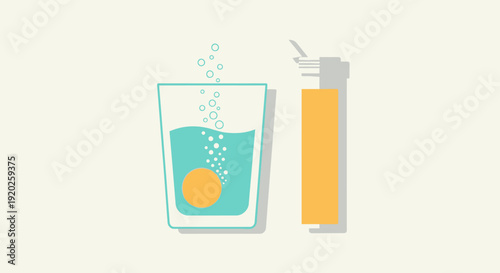 A glass of refreshing drink with a lemon slice and soda being poured alongside a spray bottle, illustration, close-up view