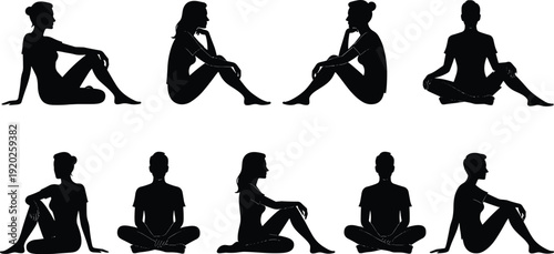Black silhouettes of people sitting in various poses