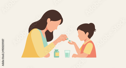 A mother and child sharing a moment of care as they take medicine together at home