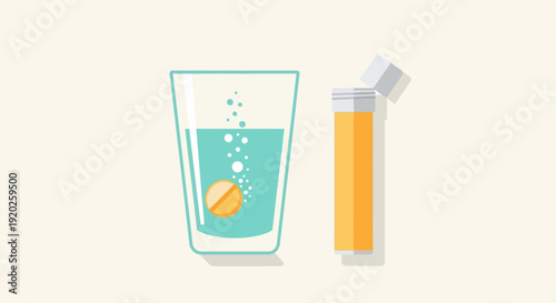 A glass of water with a pill and an inhaler beside it on a plain surface viewed from the side