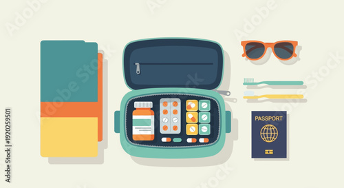 Travel Essentials Flat Lay with Sunglasses, Passport, and Electronic Devices
