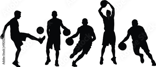 Five black silhouettes of men playing basketball with balls sports