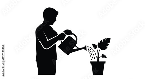 A man watering a potted plant a striking black silhouette