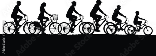 Black silhouettes of people riding bicycles in a row on white background bike cycling