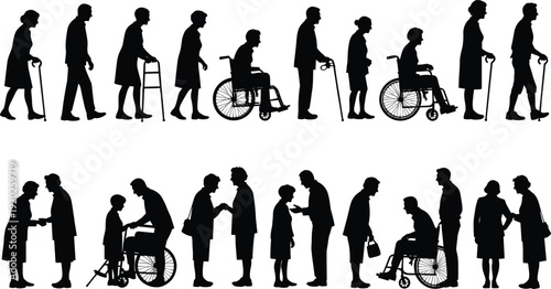Black silhouettes of people with disabilities and assistance disability wheelchair
