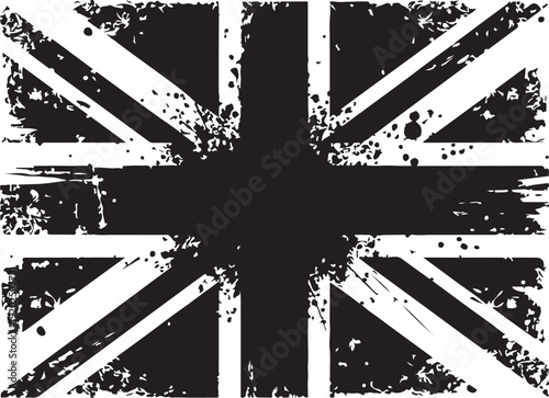 A distressed and textured design of the union jack flag in black and white