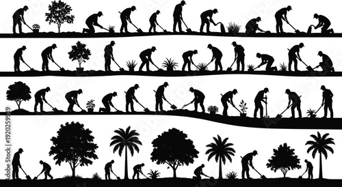Black silhouettes of people planting trees and gardening
