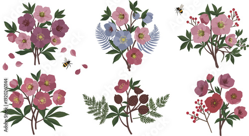 Vintage floral illustrations of six different botanical flower arrangements with pink roses and green leaves decoratively composed