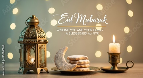 Eid mubarak wishing family a blessed eid al fitr with antique lantern cookies and candle light