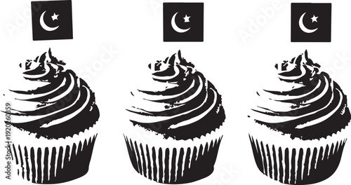 Three cupcakes with crescent moon toppers on a white background