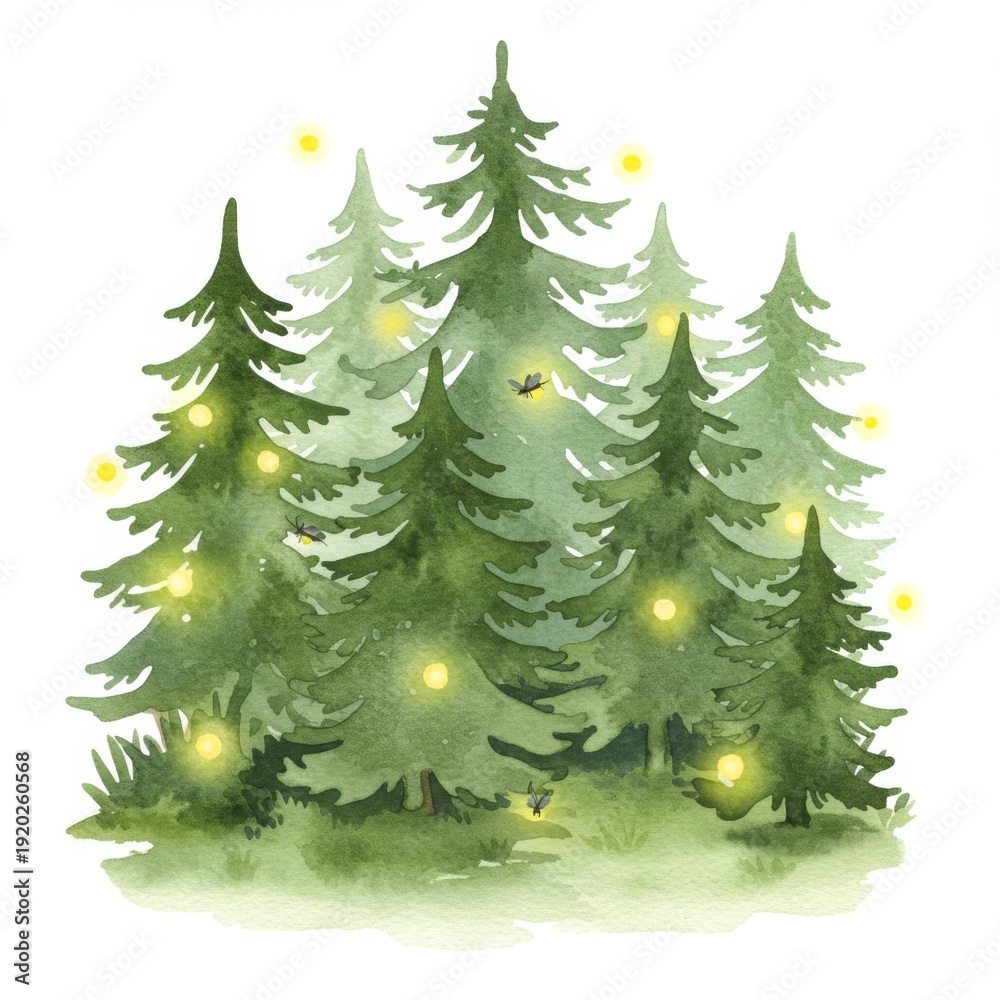 Obraz premium Watercolor Pine Forest with Yellow Lights on White Background Illustration
