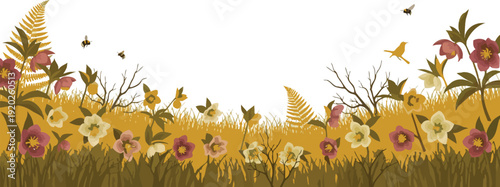 Vibrant floral landscape with wildflowers and insects in a natural sunny outdoor setting with green grass