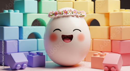Happy White Egg Character with Colorful Blocks and Toy Trucks, 3D Rendering, Isolated on White