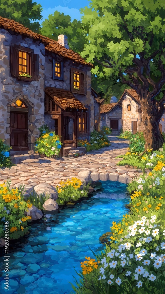 Fototapeta premium Charming countryside scene, quaint stone cottage beside a vibrant stream, surrounded by lush greenery and blooming flowers.