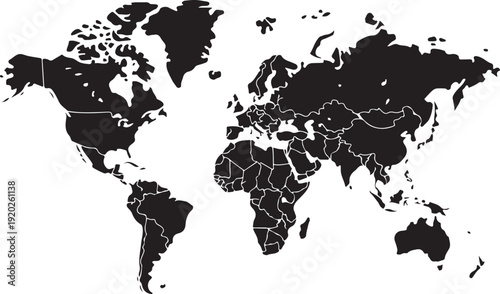 World Map Outline Contour Silhouette Borders Asia in Center