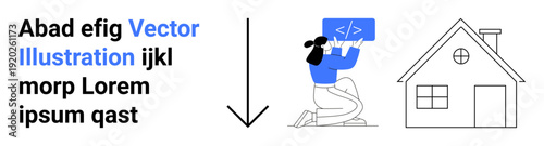 Technology, remote work, software development, coding, digital lifestyles, home-based innovations. A developer coding, arrow and house icon. Technology and remote work concept