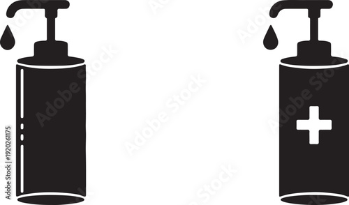 Two bottles of liquid soap, one with a medical cross symbol, indicating sanitizer.