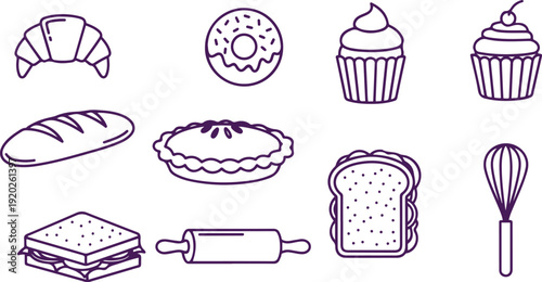 Modern Purple Bakery Line Icons Collection Featuring Donut Cupcake Bread Pie Sandwich and Baking Tools in Minimal Vector Style
