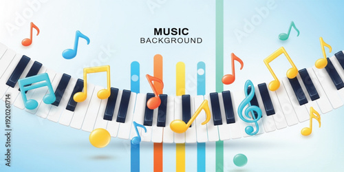 Colorful Piano Keys Music Background with Floating Musical Notes and Equalizer Bars for Kids Education Audio Themes and Creative Sound Designs