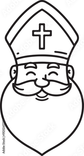 A detailed illustration of a smiling bishop wearing a traditional mitre hat.