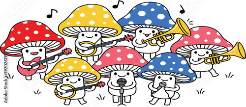 Cute Cartoon Mushroom Band Playing Musical Instruments Vector Illustration Featuring Singing Fungi Characters with Guitar, Trumpet, Banjo and Microphone for Kids Designs