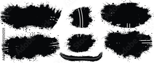 Grunge black and white vector illustration design featuring ink splashes, paint splatters, and dirty spray textures with artistic drip elements and a graffiti pattern border