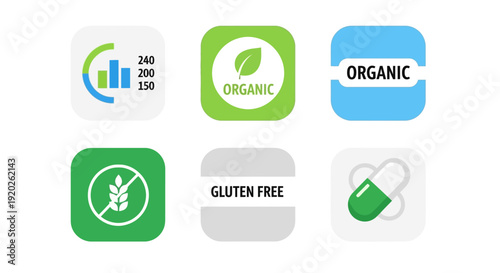 Collection of Organic and Gluten-Free Icons on White Background Displayed from Direct Viewpoint