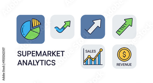 Analytics icons representing supermarket sales and revenue trends with various charts and graphs displayed