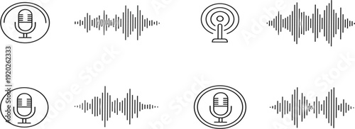Audio Waveform and Microphone Icon Set Featuring Sound Recording, Podcast, Radio Broadcast, Voice Signal and Music Frequency Symbols for Media and Technology Design