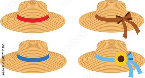Set of straw hat vector illustrations featuring various ribbon bands a rustic brown bow and a yellow sunflower for summer fashion.