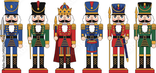 Set of traditional Christmas nutcracker soldier vector illustrations in colorful uniforms with swords drums and spears isolated on white background.